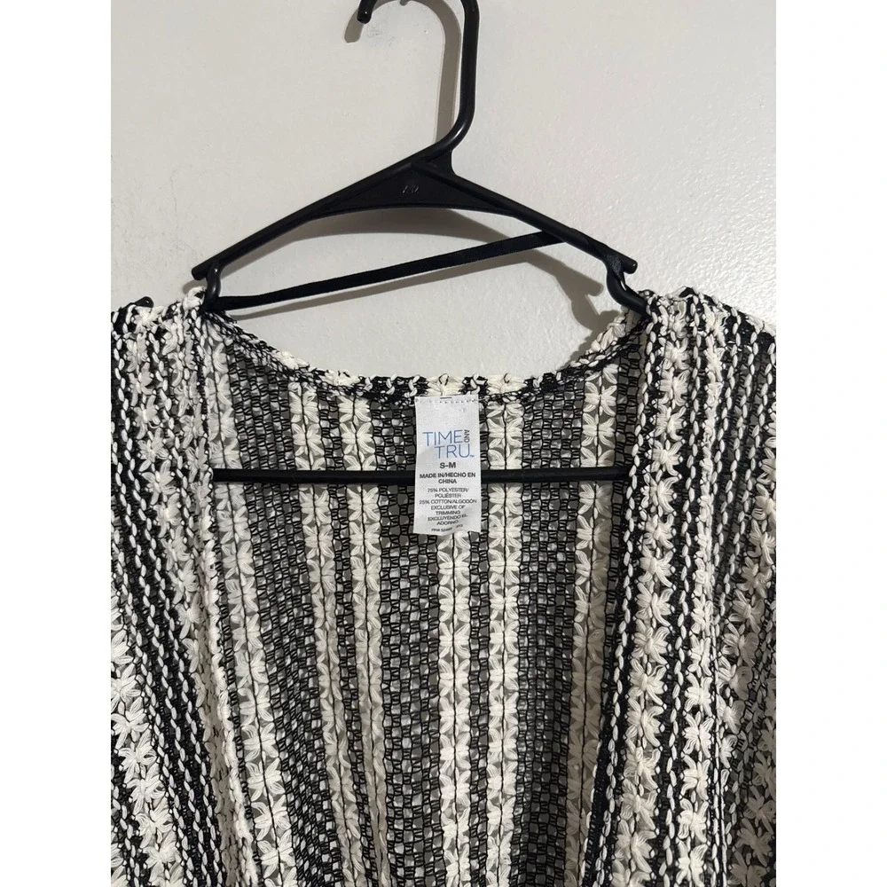 Time and Tru Womens Black White Striped Open Knit Kimono Wrap Cover Up S/M